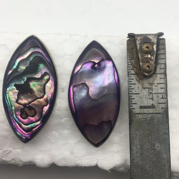 Vintage Alpaca Silver Genuine Purple Abalone Leaf Shape Stud Earrings Mexico 1" - Picture 8 of 12